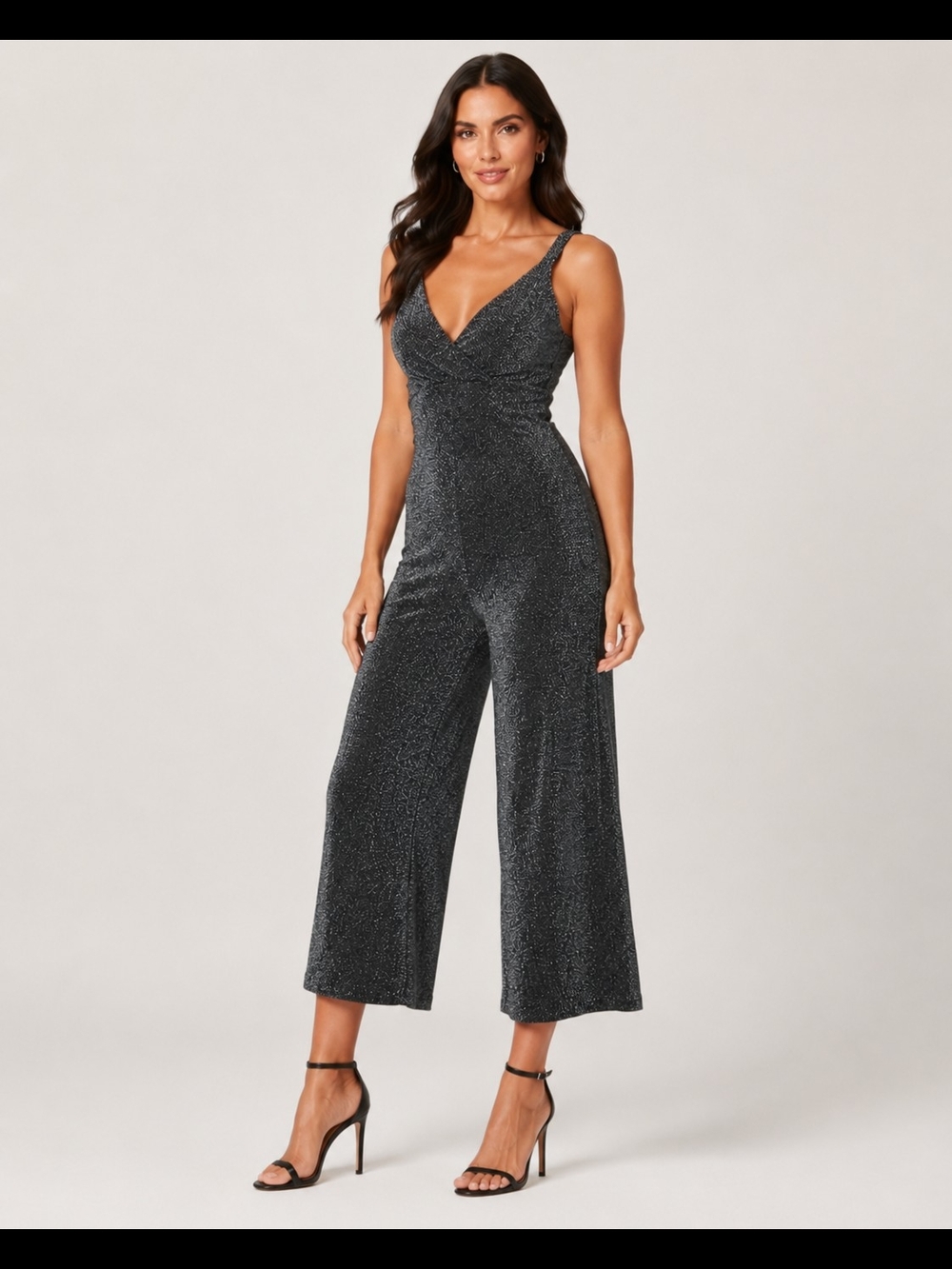 Full Circle Women's V-Neck Wide-Leg Shimmer Jumpsuit in Charcoal Size L
